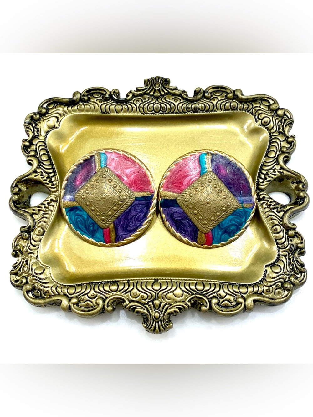 Vintage Gold Tone Enamel Geometric Stud Earrings Pink Purple Teal 1980s Mod